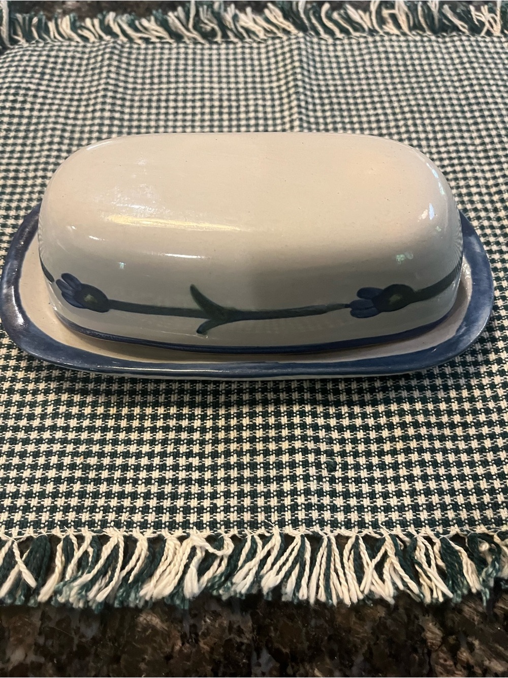 Hand-Painted Ceramic Butter Dish in Blue Floral Accent